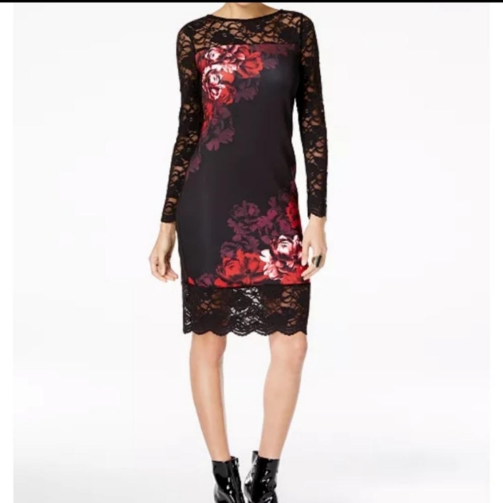 Thalia Sodi Dress Floral Scuba Sheath Black Lace Long Sleeves & Hem Size  XL